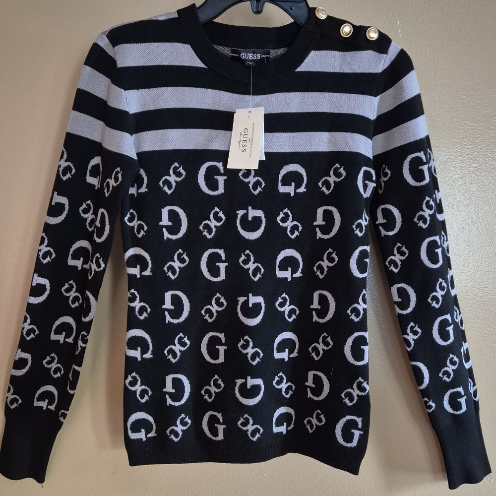 Guess Women's Black and Gray Striped Sweater,  size M